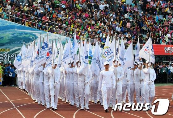본문 이미지 - 24일 2013 전국생활체육대축전 개막식 행사에서 각 시도를 상징하는 깃발과 종목별 기수단이 입장하고 있다. © News1