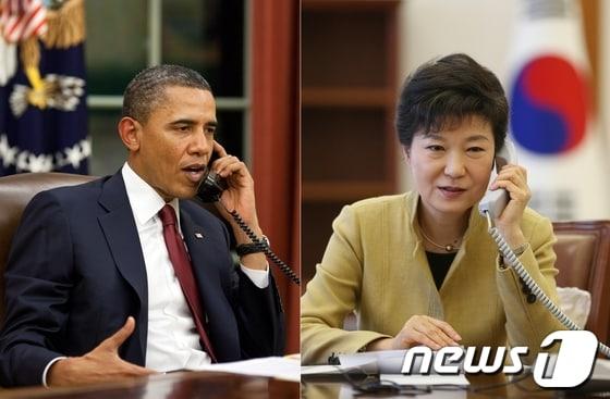 본문 이미지 - 박근혜 대통령과 버락 오바마 미국 대통령이 17일 오전 전화통화를 하고 대북(對北) 문제를 포함한 한반도 안보 현안 등에 관해 논의한 것으로 알려졌다. 청와대에 따르면, 이날 두 정상 간의 통화는 이날부터 이틀 간 북아일랜드에서 열리는 주요 8개국(G8) 정상회의 참석차 비행기로 이동 중이던 오바마 미 대통령이 먼저 전화를 걸어 이뤄졌다. (뉴스1 DB) 2013.6.17/뉴스1 © News1 박철중 기자