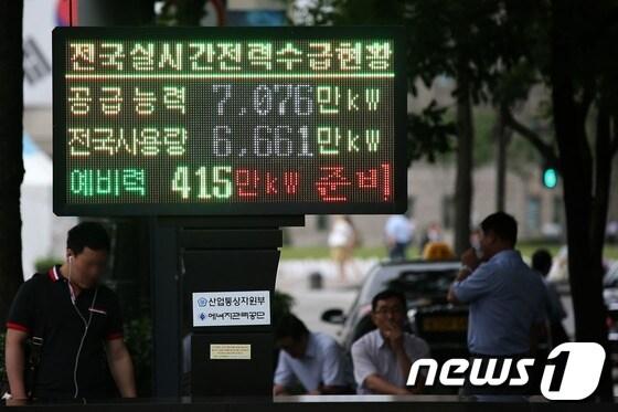 본문 이미지 - 한국전력거래소는 19일 오후 4시 10분부로 순간 예비력이 450만㎾미만으로 떨어지자 전력수급경보 '준비' 단계를 발령했다. 이 시간대 전력 사용량은 6700만㎾대를 넘어섰다.© News1   한재호 기자