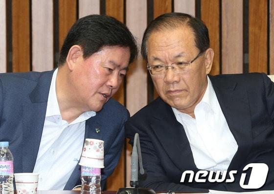 본문 이미지 - 황우여 새누리당 대표와 최경환 원내대표가 19일 서울 여의도 국회에서 열린 최고중진연석회의에서 대화를 나누고 있다. 2013.6.19/뉴스1 © News1 송원영 기자