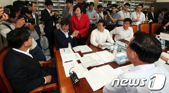 본문 이미지 - 19일 오전 서울 여의도 국회에서 열린 법제사법위원회 법안심사 제1소위원회에 앞서 박영선 위원장이 권성동 소위원장 등 의원들과 인사하고 있다. 법사위에서는 전두환 전 대통령의 미납 추징금 환수 문제와 관련한 이른바 '전두환 추징법'을 논의했다. 2013.6.19/뉴스1 © News1 허경 기자