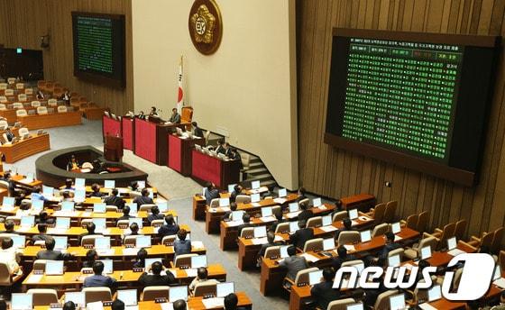 본문 이미지 - 6월 임시국회 회기 마지막 날인 2일 서울 여의도 국회에서 열린 본회의에서 여야가 긴급 상정된 2007년 제2차 남북정상회담 회의록, 녹음기록물 등 국가기록원 보관 자료제출요구안을 재석의원 276인 중 찬성 257인, 반대 17인, 기권 2인의 표결로 통과시키고 있다. 2013.7.2/뉴스1 © News1 오대일 기자