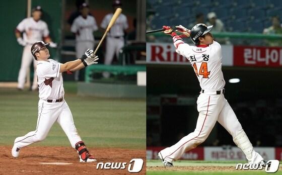 본문 이미지 - &#40;왼쪽부터&#41; 지난해 홈런왕 박병호&#40;넥센&#41;가 16일 2개의 홈런포를 때려내며 최정&#40;SK·18개&#41;을 1개 차로 제치고 홈런 선두로 나섰다. © News1 
