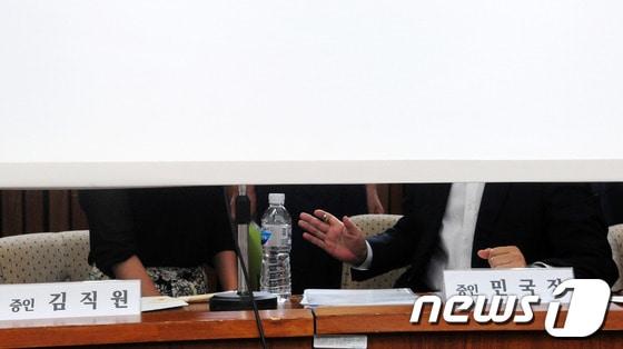 본문 이미지 - 19일 서울 여의도 국회에서 열린 국가정보원 댓글 의혹 사건 등의 진상규명을 위한 국정조사 2차 청문회에서 국정원 여직원 김모씨&#40;왼쪽&#41;와 민병주 전 심리전단 단장이 정회 선포 뒤 커튼 가림막 뒤에서 대화를 나누고 있다. 2013.8.19/뉴스1 © News1 오대일 기자