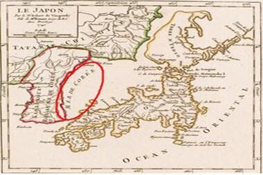 본문 이미지 - 1749년 프랑스에서 제작한 일본국도. 붉은색 원안에 동해가 '한국해(MER DE COREE)'로 표기돼 있다. (국토지리정보원 제공) 2013.8.2/뉴스1 © News1   윤창완 기자