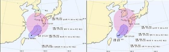 본문 이미지 - 제17호 태풍 도라지의 오전 3시&#40;왼쪽&#41;, 오전 9시&#40;오른쪽&#41; 현재 예상이동경로.&#40;기상청 제공&#41; © News1 