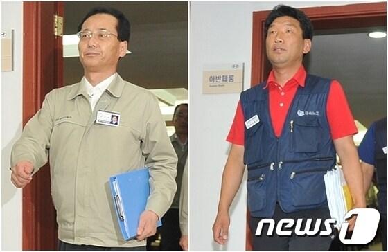 본문 이미지 - 현대자동차 노사가 올해 임단협을 잠정합의 했다. 윤갑한 대표이사(왼쪽)와 문용문 노조위원장이 5일 임단협을 잠정합의하고 현대차 울산공장 본관 아반떼룸을 나오고 있다. 2013.9.5/뉴스1 © News1   노화정  기자