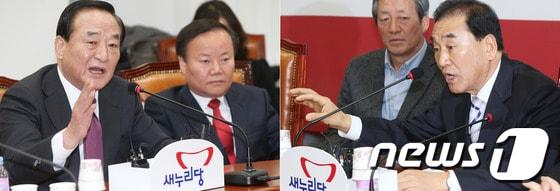 본문 이미지 - 새누리당 이재오&#40;오른쪽&#41;, 서청원 의원이 8일 오전 서울 여의도 국회에서 열린 최고중진연석회의에서 개헌 추진을 놓고 상반된 입장을 밝히고 있다. 서 의원은 이 자리에서 이 의원이 