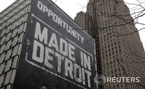 본문 이미지 - 디트로이트 시의 한 건물에 파산한 디트로이트 시의 회생을 기원하는 &acute;기회, 메이드 인 디트로이트&acute;라는 문구가 써있다. ⓒ 로이터=뉴스1