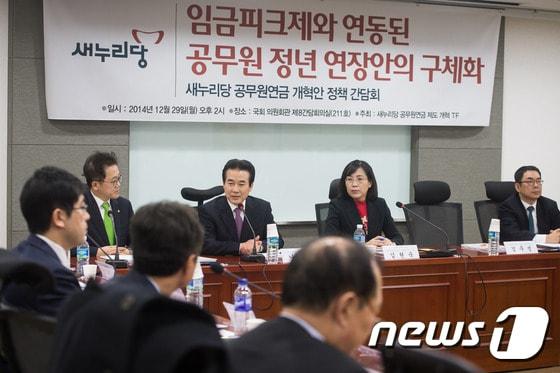 본문 이미지 - 나성린 새누리당 정책위수석부의장이 29일 서울 여의도 국회 의원회관에서 "임금피크제와 연동된 공무원 정년 연장안의 구체화"를 주제로 열린 새누리당 공무원연금 개혁안 정책간담회에서 발언하고 있다. 2014.12.29/뉴스1 ⓒ News1 유승관 기자