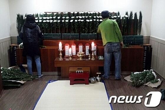 본문 이미지 - 18일 오전 울산시 북구 21세기좋은병원 장례식장에 마련된 경주 마우나리조트 붕괴 사고 사망자들의 합동빈소를 찾은 조문객들이 헌화하고 있다. © News1  