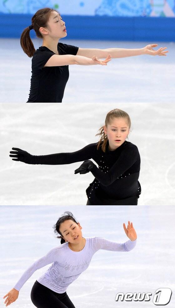 본문 이미지 - '피겨여왕' 김연아, 러시아의 율리아 리프니츠카야, 일본의 아사다 마오(사진 위 부터)가 18일(한국시간) 러시아 소치 해안 클러스터 아이스버그 스케이팅 팔라스 경기장에서 훈련을 갖고 있다. 2014.2.18/뉴스1 © News1   (소치(러시아)=뉴스1) 이동원 기자