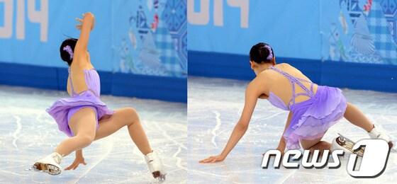 본문 이미지 - 일본 아사다 마오가 20일(한국시간) 러시아 소치 해안 클러스터 아이스버그 스케이팅 팔라스 경기장에서 열린 피겨 스케이팅 여자 싱글 쇼트프로그램에서 아름다운 선율에 맞춰 연기를 펼치다 점프 실수로 넘어지고 있다.2014.2.20/뉴스1 © News1   (소치(러시아)=뉴스1) 이동원 기자