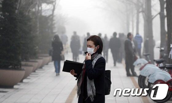 본문 이미지 - 짙은 안개에 초미세먼지주의보가 겹친 25일 오전 서울 여의도 국회의사당 인근에서 마스크를 한 시민이 걸음을 서두르고 있다. 2014.2.25/뉴스1 © News1 허경 기자