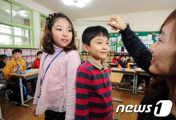 본문 이미지 - 한 초등학교 개학식에서 1학년 학생들이 방학 동안에 자란 키를 비교해보며 즐거운 시간을 보내고 있다.. / 뉴스1 © News1 김대웅 기자
