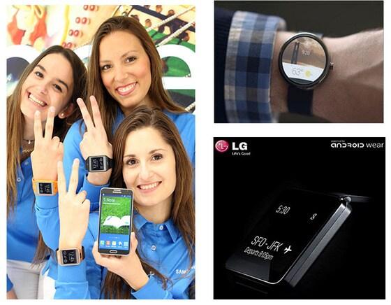 본문 이미지 - 웨어러블 OS 시장을 놓고 글로벌 IT 업체들의 치열한 경쟁이 시작됐다. 왼쪽부터 시계 방향으로 '삼성 기어2', 구글 '안드로이드 웨어' 탑재 스마트 워치, 'LG전자 'G 2'© News1  