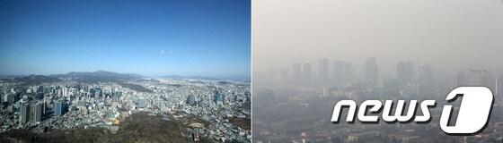 본문 이미지 - 미세먼지가 걷힌 2일 오후 서울 남산에서 바라본 하늘이 파랗다. 오른쪽은 중국발 미세먼지가 기승을 부린 지난 23일 오전 남산에서 본 하늘이 뿌옇고 탁한 모습. 2014.3.2/뉴스1  © News1   이광호 이기범 기자
