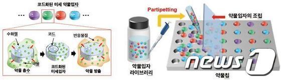 본문 이미지 - IBS  나노입자 연구단이 개발한 파티페팅의 코드화된 미세 약물 입자와 약물 칩의 제작 과정화된 미세 약물 입자와 약물 칩의 제작 과정. © News1  
