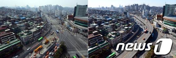 본문 이미지 - 서울 아현고가도로의 마지막 구조물이 철거된 26일 오후 서울 마포구 충정로 세거리를 차량들이 통행하고 있다(왼쪽). 오른쪽은 철거공사가 시작되기 전 지난달 4일 촬영한 아현고가도로.서울시는 1968년 9월 개통, 노후화로 인한 안전문제를 지적받아온 아현고가도로를 철거한 뒤 신촌로와 충정로 구간을 잇는 중앙버스전용도로를 설치할 계획이다. 2014.3.26/뉴스1 © News1 정회성 기자