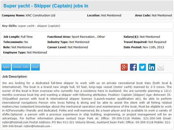 본문 이미지 - 뉴질랜드의 구인·구직 사이트 위스덤 잡스&#40;http://www.wisdomjobs.co.nz&#41;에 올라와 있는 KNC 건설의 요트 선장 모집 광고. © News1 
