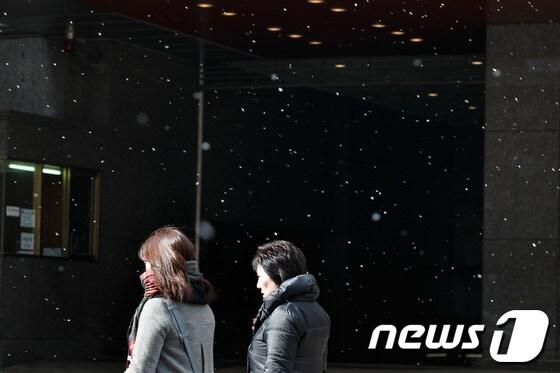 본문 이미지 - 절기상 겨우내 움츠렸던 만물이 깨어난다는 경칩&#40;驚蟄&#41;이지만 꽃샘추위가 기승을 부린 6일 오후 시민들이 눈발이 날리는 서울 명동거리를 지나고 있다.기상청은 강원 중북부산간에는 한파특보가 발효 중인 가운데 내일까지 일교차가 큰 꽃샘추위가 이어질 것으로 내다봤다. 2014.3.6/뉴스1 © News1   유승관 기자