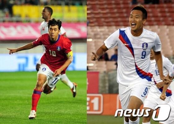 본문 이미지 - 한국 축구 국가대표팀의 박주영&#40;29·왓포드·왼쪽&#41;과 김신욱&#40;26·울산&#41;. © AFP=News1  