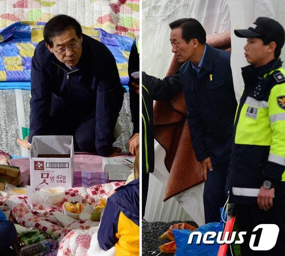 본문 이미지 - 박원순 서울시장이 세월호 침몰 사고 29일째인 14일 오후 전남 진도군 진도실내체육관을 찾아 실종자 가족들을 만나고 있다. (사진왼쪽) 정몽준 새누리당 서울시장 후보가 세월호 침몰사고 29일째인 14일 오후 전남 진도군 팽목항 실종자 가족 천막에서 가족들을 만난 뒤 천막을 나오고 있다. (사진 오른쪽) 2014.5.14/뉴스1 © News1   박지혜 기자