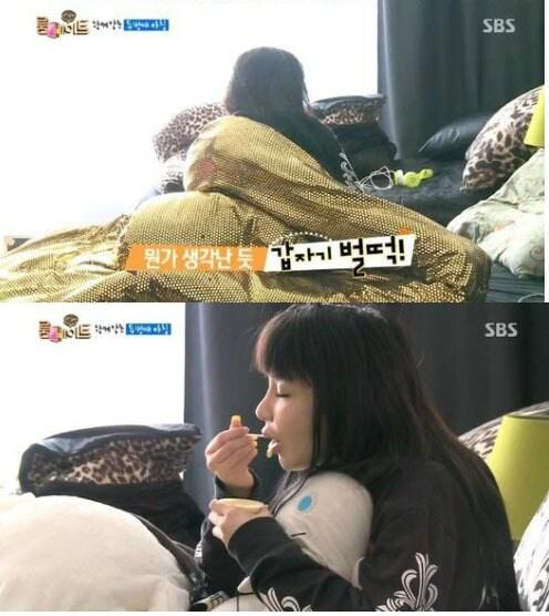 본문 이미지 - 걸그룹 투애니원 박봄이 '룸메이트'에서 아침 비몽사몽으로 눈 뜨자마자 푸딩을 먹는 모습을 보였다. © SBS '룸메이트' 방송캡처 