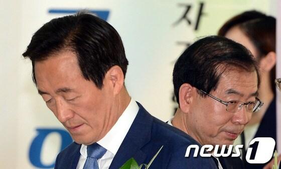 본문 이미지 - 6·4 지방선거 서울시장 선거에 출마한 새누리당 정몽준&#40;왼쪽&#41;, 새정치민주연합 박원순 후보. /뉴스1 © News1 양동욱 기자