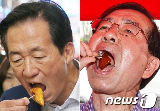 본문 이미지 - 6.4 지방선거 공식 선거운동 시작 후 첫 주말인 24일 서울시장 자리를 놓고 명운을 건 대결을 펼치고 있는 정몽준 새누리당 후보(왼쪽)와 박원순 새정치민주연합 후보가 서울 도봉구 신창시장과 은평구 연서시장을 각각 방문해 떡볶이와 돼지 껍데기로 주린 배를 채우고 있다. 2014.5.24/뉴스1 © News1   오대일,유승관 기자