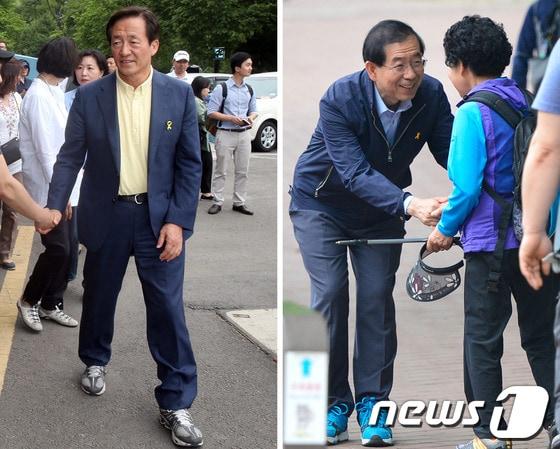 본문 이미지 - 6.4 전국동시지방선거를 10일 앞둔 25일 정몽준 새누리당 서울시장 후보&#40;왼쪽&#41;가 서울 송파구 잠실 학생실내체육관에서 , 박원순 새정치민주연합 서울시장 후보가 서울 도봉구 북한산 국립공원을 방문해 시민들과 인사 나누고 있다. 2014.5.25/뉴스1 © News1   한재호, 송은석 기자