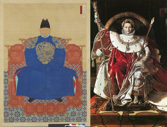 본문 이미지 - 조중묵 등이 그린 '조선 태조 어진'(1872년·보물 제931호 전주시 경기전 소장·왼쪽)과 장 오귀스트 도미니크 앵그르가 그린 '왕좌에 앉은 나폴레옹 1세'(1806년·파리군사박물관 소장). © News1 