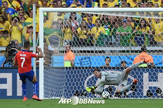 본문 이미지 - 브라질의 훌리오 세자르 골키퍼가 29일(한국시간) 칠레와의 2014 브라질 월드컵 16강 승부차기에서 알렉시스 산체스의 슛을 막아내고 있다. 브라질은 승부차기 접전 끝에 칠레를 꺾고 8강에 올라갔다. © AFPBBNews=News1