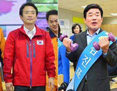 본문 이미지 - 6·4지방선거 공식 선거운동 마지막 날인 3일 남경필 새누리당 경기도지사 후보&#40;왼쪽&#41;와 김진표 새정치민주연합 경기도지사 후보가 각각 경기소방재난본부와 수지장애인종합복지관를 방문해 지지를 호소하고 있다. 2014.6.3/뉴스1 © News1   김영진 기자