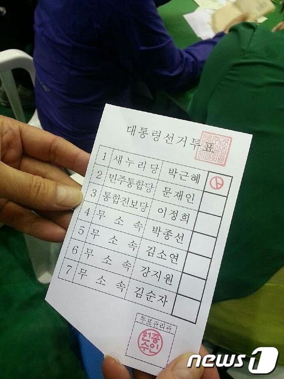 본문 이미지 - 울산 통합진보당 한 참관인이 4일 오후 울주군 개표소에서 발견한 2012년 대선 투표용지/사진제공=울산 통합진보당© News1  