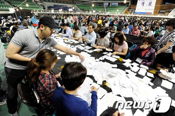 본문 이미지 - 6.4 지방선거 개표 작업 중인 개표사무원들./뉴스1 © News1 정훈진 기자