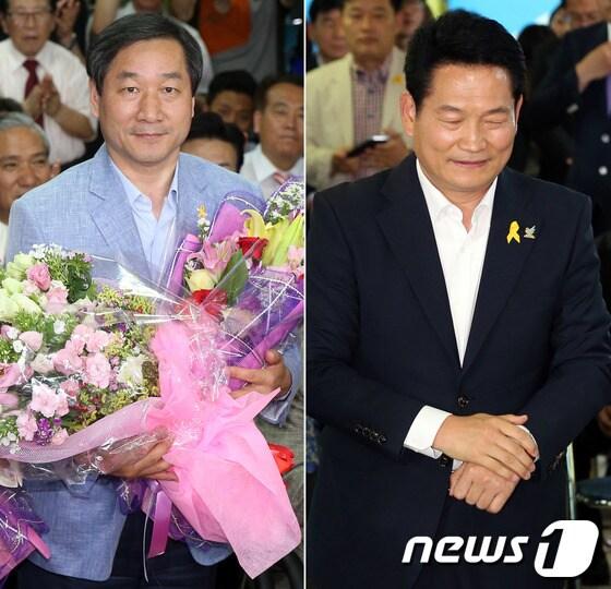 본문 이미지 - 6.4지방선거 개표 결과 5일 05시 현재 당선이 유력한 유정복 새누리당 인천시장 후보(왼쪽)가 이날 새벽 인천 부평구 선거사무소에서 승리 선언을 하며 꽃다발을 든 모습과 4일 오후 송영길 새정치민주연합 인천시장 후보가 굳은 표정으로 선거사무소 상황실에 들어서는 모습이 대조적이다. 2014.6.5/뉴스1 © News1   한재호 기자
