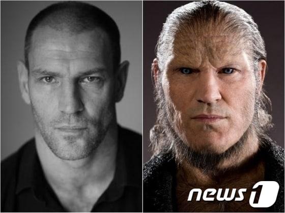 본문 이미지 - 데이비드 르게노(왼쪽)과 해리포터에서 펜리르 그레이백으로 분장한 모습.© News1  