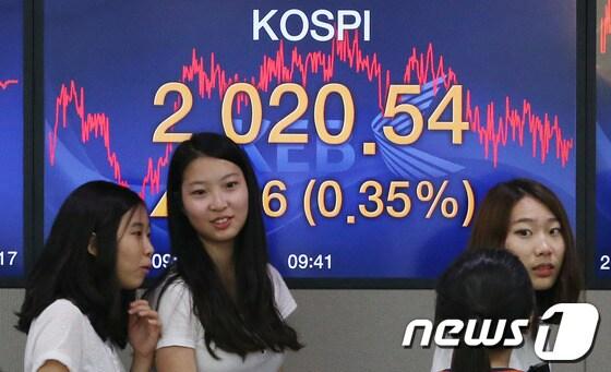 본문 이미지 - 코스피가 장중 연중 최고치를 기록하면서 상승흐름을 이어가는 17일 오전 서울 외환은행 본점 딜링룸에서 견학생들이 코스피 지수 전광판 앞을 지나가고 있다. . 2014.7.17/뉴스1 © News1   송원영 기자