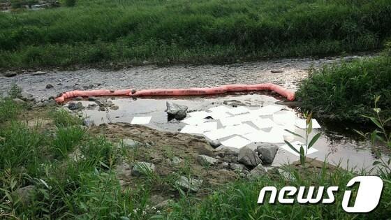 본문 이미지 - 2일 오전 5시 27분께 원주시 단구동 단관지구대 앞 원주천에 식물성 기름으로 추정되는 오염물질이 유출돼 원주시가 긴급방제작업을 벌였다.(원주소방서 제공) 2014.7.2/뉴스1 © News1   이예지 기자