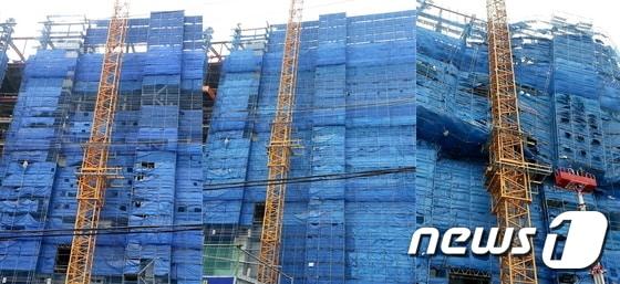 본문 이미지 - 22일 경 카리스 호텔 증축 공사 현장에 설치된 비산먼지 발생을 막기 위한 천막 재질의 가림막 곳곳에 통기구가 있어 강풍에 대비한 모습(사진 왼쪽). 25일 계양구가 비산먼지 민원에 따라 통기구를 모두 막도록 지시해 가림막이 강풍에 취약한 상태로 방치돼 있다.(가운데) 26일 새벽 초속 38ｍ의 강풍을 이겨내지 못한 가림막과 연결된 외부 구조물 일부가 무너져 내렸다.