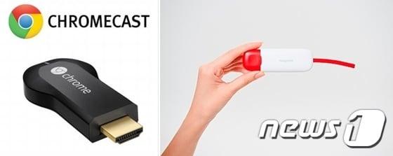 본문 이미지 - 지난 5월 출시된 구글의 OTT 크롬캐스트(왼쪽)와 이달 11일 출시된 CJ헬로비전의 티빙스틱.ⓒ News1