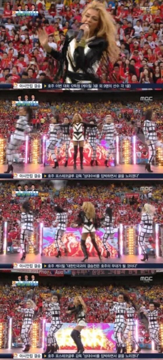 본문 이미지 - 아시안컵 결승 직전 펼쳐진 하바나 브라운의 축하 무대(MBC 중계 화면)