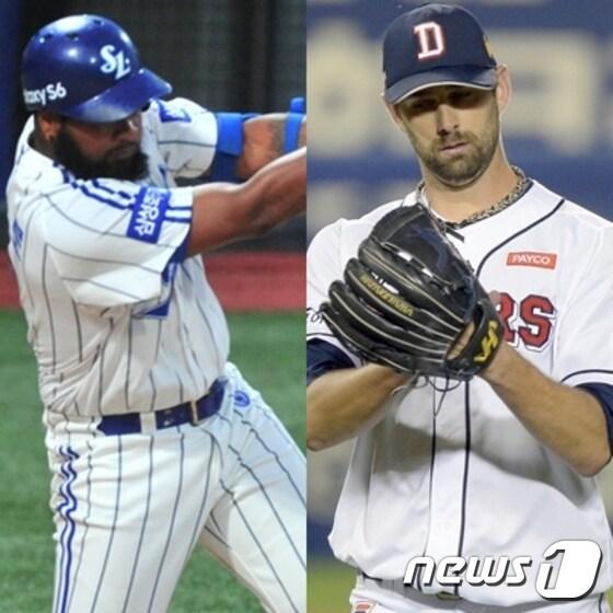 본문 이미지 - 서로 경계대상 1호로 꼽힌 삼성 라이온즈의 나바로와 두산 베어스의 더스틴 니퍼트.(왼쪽부터) ⓒ News1