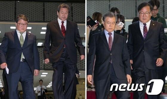 본문 이미지 - (사진왼쪽) 선거구 획정 법정시한을 하루 앞둔 12일 오후 서울 여의도 국회 귀빈식당에서 선거구 획정 논의를 위한 여야 지도부 및 정치개혁특별위원회 간사 재회동이 결렬된 후 김무성 새누리당 대표와 조원진 원내수석부대표가 취재진에게 브리핑을 마친 뒤 나서고 있다. (사진오른쪽) 선거구 획정 논의를 위한 여야 지도부 및 정치개혁특별위원회 간사 재회동이 결렬된 후 문재인 새정치민주연합 대표와 김태년 야당 간사가 회의장을 나서고 있다. 2015.11.12/뉴스1 ⓒ News1 박지혜 기자