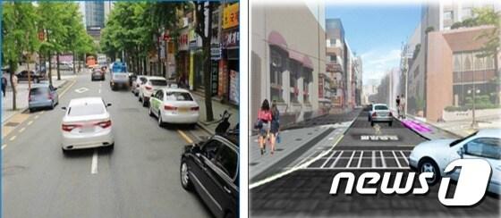 본문 이미지 - 부산 동구 조방앞 친구의 거리(왼쪽), 보행환경개선사업 후 가상도(오른쪽)ⓒ News1