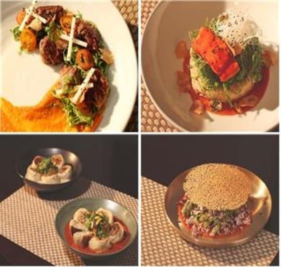 본문 이미지 - 올림픽 특선메뉴 중 일부. (왼쪽 위부터 시계방향)  한우불고기, 송어덮밥, 비빔밥, 송어만두. 사진-문체부 ⓒ News1