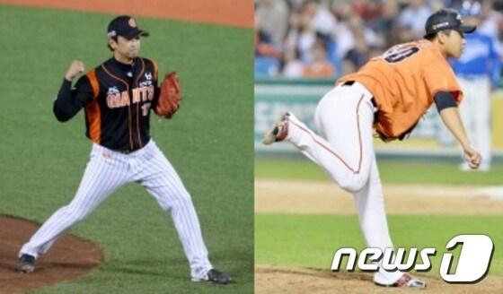 본문 이미지 - FA 이적과 보상선수로 유니폼을 바꿔입은 심수창(34·한화 이글스·왼쪽)과 박한길(21·롯데 자이언츠). (뉴스1 자료사진) ⓒ News1