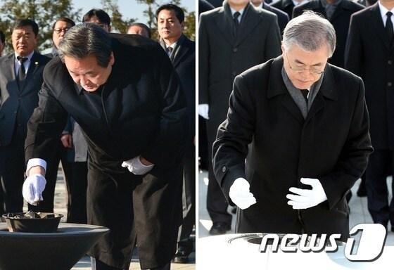 본문 이미지 - 14일 김무성 새누리당 대표가 경남 김해 봉하마을 故 노무현 전 대통령의 묘역을 참배했다 (사진 왼쪽). 이날 비슷한 시간 문재인 새정치민주연합 대표는 광주 북구 운정동 국립 5.18민주묘지를 참배했다. 2015.2.14/뉴스1 ⓒ News1