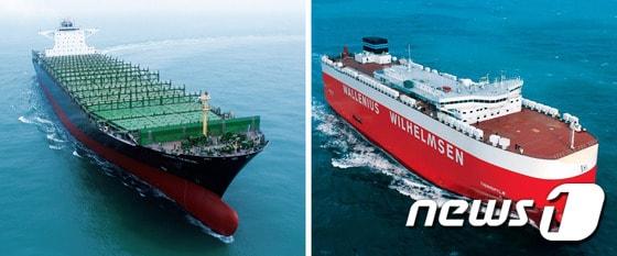 본문 이미지 - 세계적인 해운 전문지로 부터 &acute;올해의 최우수 선박&acute;에 선정된 현대삼호중공업이 건조한 9000 TEU 컨테이너선과 8000대적 자동차운반선 등 2척.(현대삼호중공업 제공) ⓒ News1